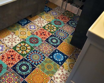 Bunte mexikanische Talavera Fliesenaufkleber Küche Badezimmer Wand Aufkantung Fliesen Vinyl | Rutschfest für Böden | Wasserfest