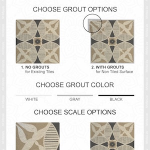 May include: A graphic showing different options for grout and scale for a tile design. The tile design is a brown and black geometric pattern. The grout options are "No Grout", "With Grout", "White", "Gray", and "Black". The scale options are "Quarter Scale" and "Full Scale".