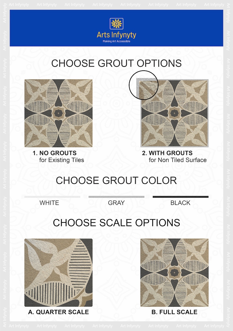 May include: A graphic showing different options for grout and scale for a tile design. The tile design is a brown and black geometric pattern. The grout options are "No Grout", "With Grout", "White", "Gray", and "Black". The scale options are "Quarter Scale" and "Full Scale".