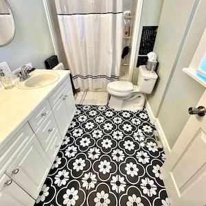 Peel and Stick Black and White Floral Marseille Tile Vinyl | DIY Stickers Kitchen Floor Wall Bathroom Hand Crafted Tile Stickers | Removable