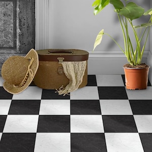 Black & White Checkered Marble Texture Tile Stickers | Antiskid Floor Tile Stickers | Peel and Stick Kitchen, Bathroom, Wall Tile Decals