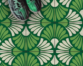 Green Floral Peel and Stick Floor Tiles Stickers | Kitchen, Wall, Bathroom Tile Decals | Removable | FREE SHIPPING!