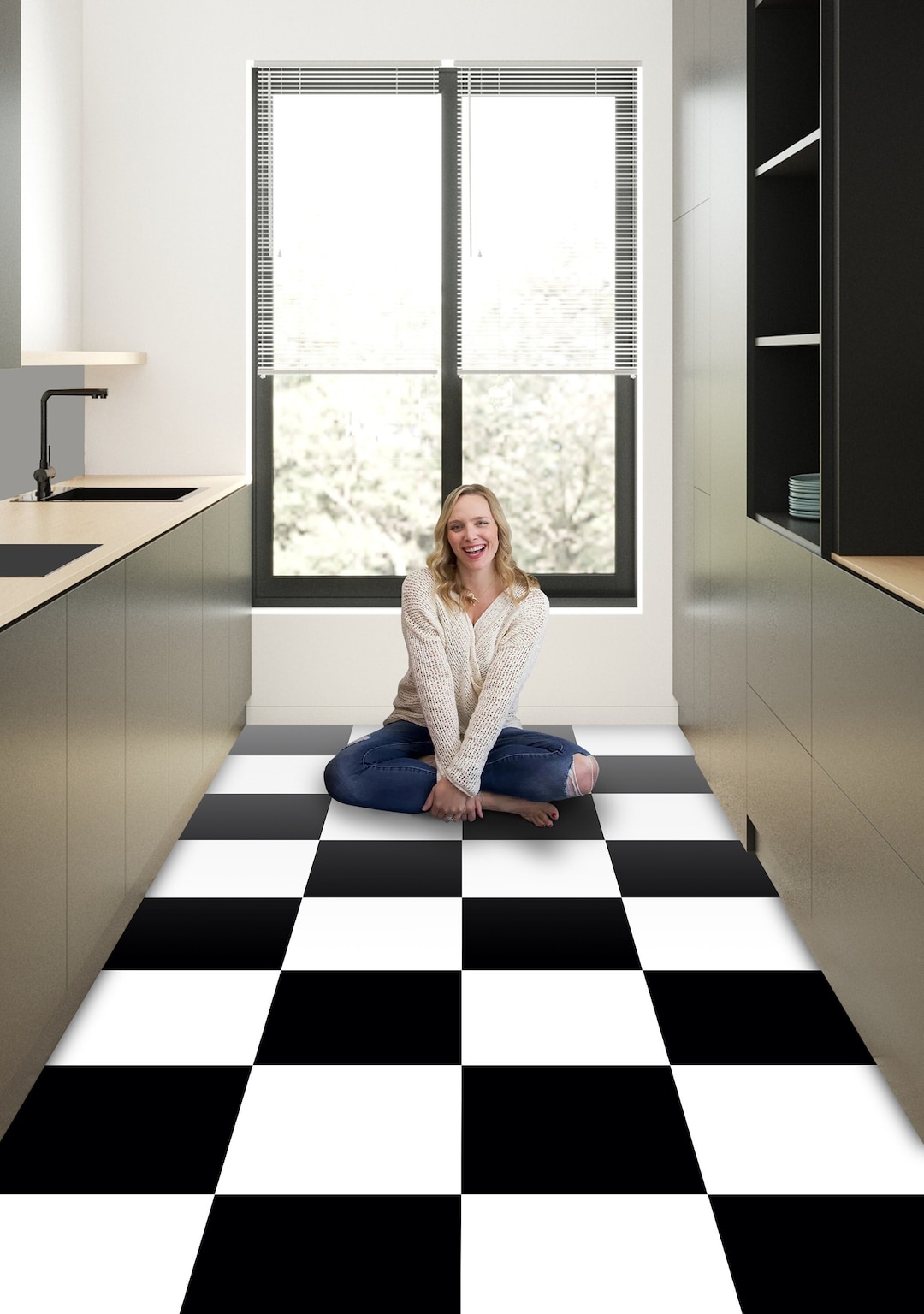 Peel and Stick Black & White Checkered Tile Vinyl, Floor Tile Stickers