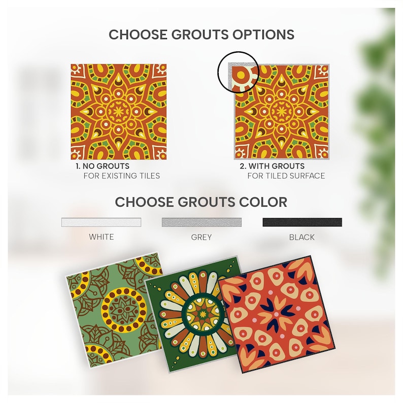 Puede incluir: Una pantalla gr&aacute;fica que muestra opciones de azulejos con el texto CHOOSE GROUTS OPTIONS, 1. NO GROUTS FOR EXISTING TILES, 2. WITH GROUTS FOR TILED SURFACE, y CHOOSE GROUTS COLOR con muestras blancas, grises y negras sobre tres azulejos.