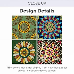 Puede incluir: Cuatro azulejos cuadrados con intrincados patrones de mandala. El superior izquierdo es verde oliva con c&iacute;rculos amarillos. El superior derecho es azul oscuro con p&eacute;talos azul brillante, rojos y amarillos. El inferior izquierdo es verde con p&eacute;talos naranjas y blancos. El inferior derecho es marr&oacute;n oscuro con formas florales rojas y amarillas.