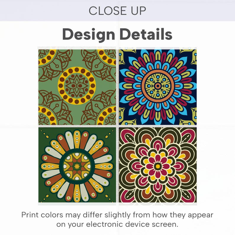 Puede incluir: Cuatro azulejos cuadrados con intrincados patrones de mandala. El superior izquierdo es verde oliva con c&iacute;rculos amarillos. El superior derecho es azul oscuro con p&eacute;talos azul brillante, rojos y amarillos. El inferior izquierdo es verde con p&eacute;talos naranjas y blancos. El inferior derecho es marr&oacute;n oscuro con formas florales rojas y amarillas.
