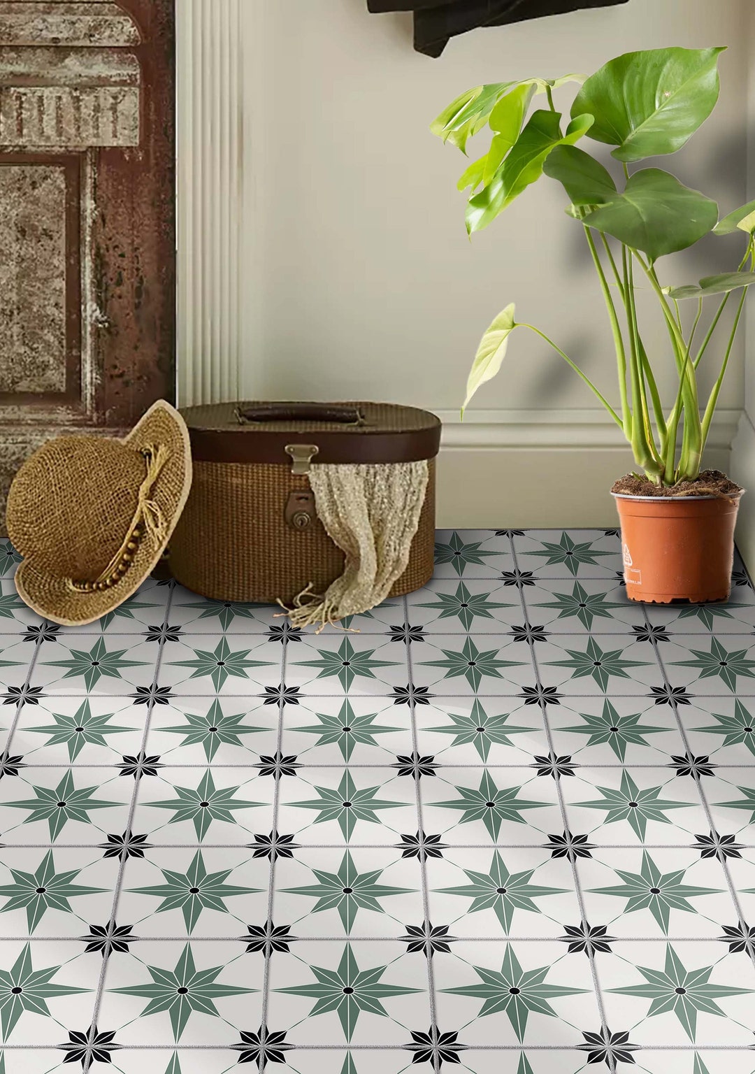 Peel and Stick Green With Black_star Tile Stickers | Water Proof ...