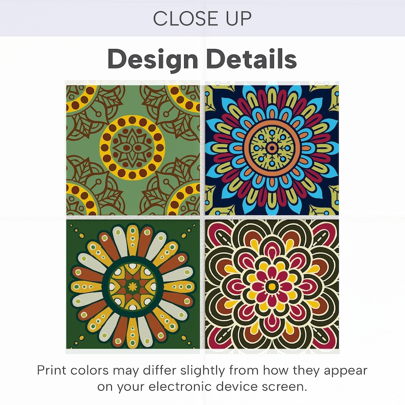May include: Four square tiles featuring intricate mandala patterns. The top left is olive green with yellow circles. The top right is dark blue with bright blue, red, and yellow petals. The bottom left is green with orange and white petals. The bottom right is dark brown with red and yellow floral shapes.