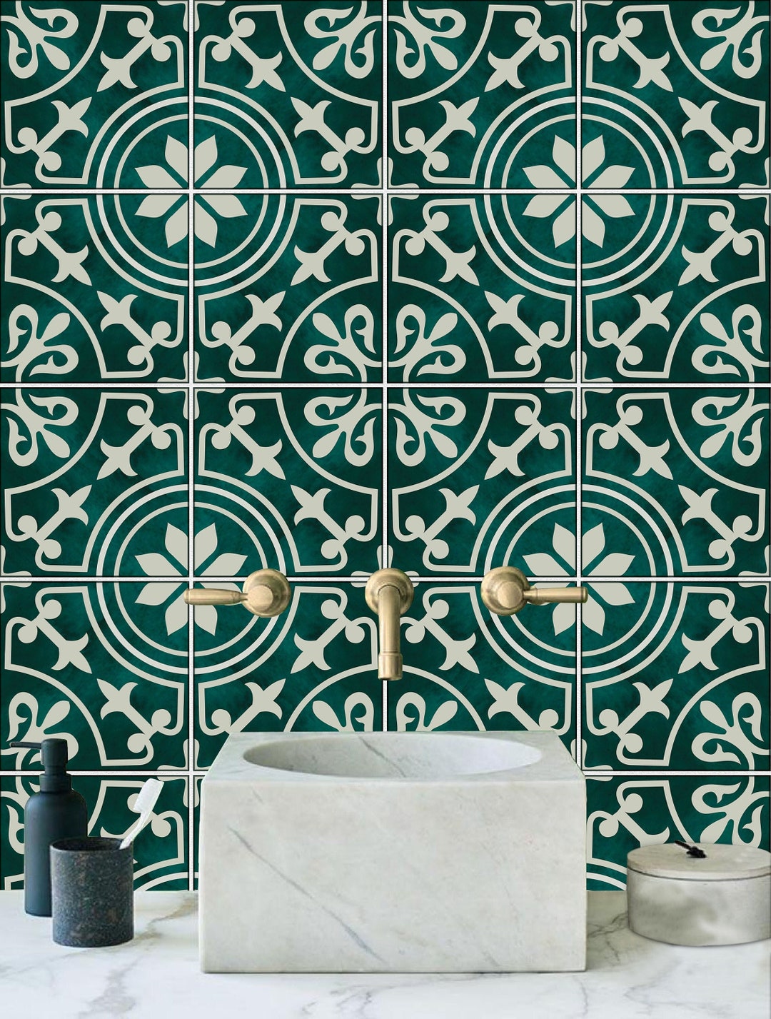 Moss Green Floral Peel and Stick Tile Sticker, Antiskid Bathroom ...