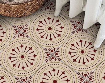 Könnte beinhalten: Beige Bodenfliesen mit einem sich wiederholenden Muster aus roten und goldenen Kreisen und floralen Designs.