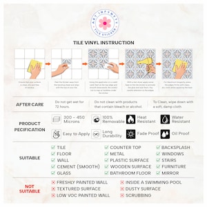 Puede incluir: Una infograf&iacute;a de instrucciones para pegatinas de vinilo para azulejos que incluye una gu&iacute;a de aplicaci&oacute;n de cinco pasos, cuidados posteriores, especificaciones de 300-450 micras y una lista de superficies adecuadas e inadecuadas.