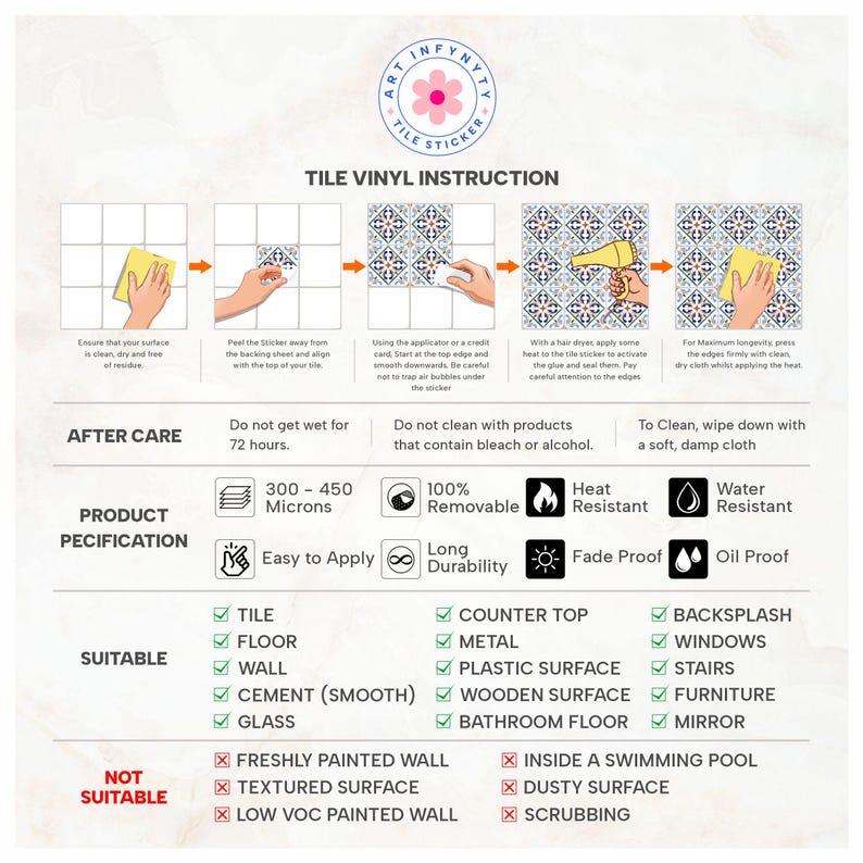 Puede incluir: Una infograf&iacute;a de instrucciones para pegatinas de vinilo para azulejos que incluye una gu&iacute;a de aplicaci&oacute;n de cinco pasos, cuidados posteriores, especificaciones de 300-450 micras y una lista de superficies adecuadas e inadecuadas.