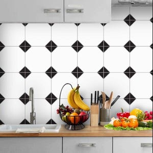 Black and White Geometric Tile Stickers | Peel and Stick Kitchen Wall Floor Bathroom Vinyl Decals | Removable | Waterproof