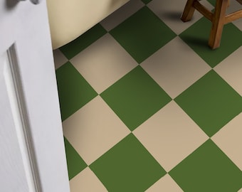 May include: Green and beige checkered flooring in a bathroom setting. The floor pattern is a repeating grid of squares. A white door and a bathtub are visible in the background. The overall aesthetic is clean and modern.