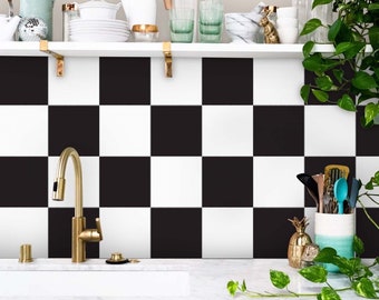 Black and White Checkered Kitchen Backsplash Tile Decals | Floor Tile Stickers | Peel and Stick Bathroom, Wall Tile Stickers