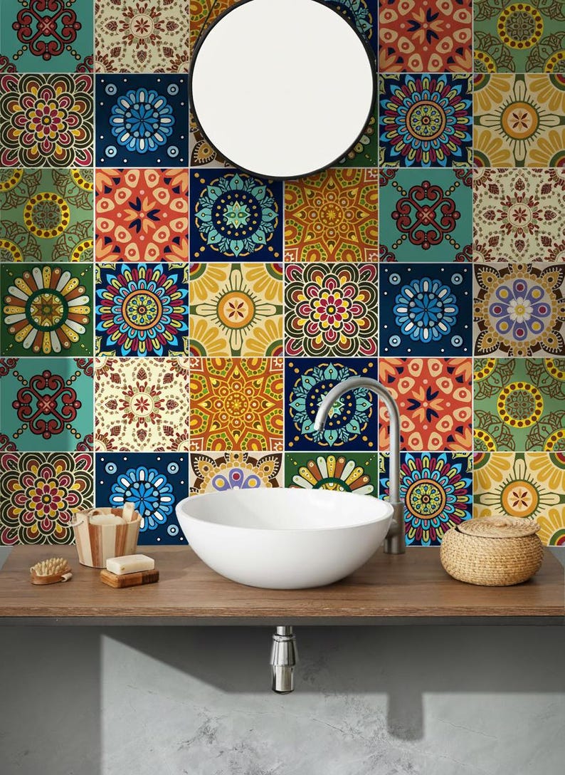 Colorful Mexican Talavera Peel and Stick Tile Stickers | Kitchen Bathroom Wall Backsplash Tile Vinyl | Antiskid for Floors | Waterproof image 2