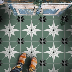 Green with White Star Tile Stickers | Peel and Stick Tile Vinyl Decals for Kitchen, Bathroom, Wall & Floor | Removable | Easy to Apply