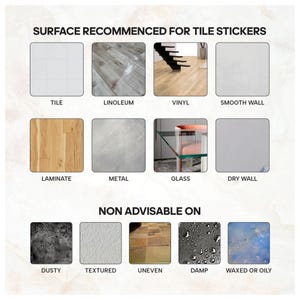 Puede incluir: Un gr&aacute;fico informativo titulado SURFACE RECOMMENDED FOR TILE STICKERS y NON ADVISABLE ON. Muestra ocho superficies recomendadas incluyendo azulejos, lin&oacute;leo, vinilo, pared lisa, laminado, metal, vidrio y paneles de yeso, m&aacute;s cinco no recomendadas.