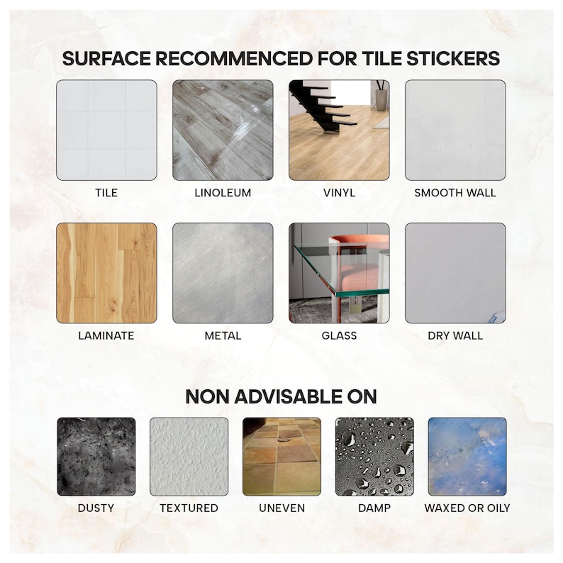 Puede incluir: Un gr&aacute;fico informativo titulado SURFACE RECOMMENDED FOR TILE STICKERS y NON ADVISABLE ON. Muestra ocho superficies recomendadas incluyendo azulejos, lin&oacute;leo, vinilo, pared lisa, laminado, metal, vidrio y paneles de yeso, m&aacute;s cinco no recomendadas.