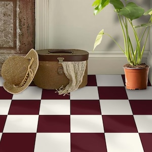 Burgundy and Ivory Checkered Floor Tile Stickers: Peel and Stick Vinyl
