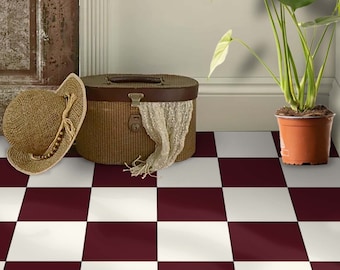 Burgundy and Ivory Checkered Floor Tile Stickers: Peel and Stick Vinyl