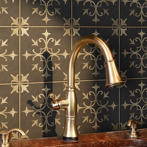 Tarnished Gold Floral Floor Tile Stickers: Peel and Stick Decals Backsplash for Kitchen, Bathroom & Walls | Removable | Easy to Apply