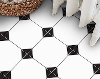 Pegatinas de azulejos geométricos en blanco y negro / Extraíbles / Calcomanías artesanales / Vinilos para pared, suelo y baño