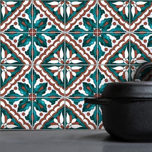 Peel and Stick Tile Moroccan Stickers | Moss Green with Terracotta Design Tile Decals | Kitchen Bathroom Wall Tile Stickers