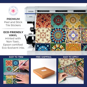 Puede incluir: Adhesivos para azulejos de despegar y pegar con una variedad de patrones coloridos e intrincados estilo mandala en tonos naranja, azul, amarillo y verde. El producto est&aacute; impreso en vinilo ecol&oacute;gico con tintas ecosolventes no t&oacute;xicas.