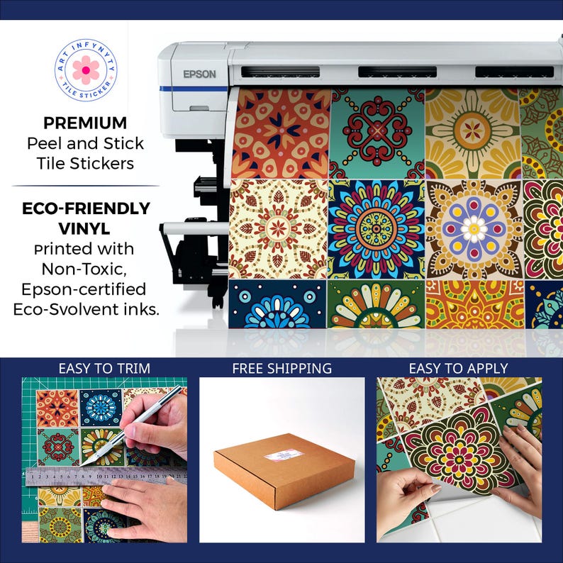Puede incluir: Adhesivos para azulejos de despegar y pegar con una variedad de patrones coloridos e intrincados estilo mandala en tonos naranja, azul, amarillo y verde. El producto est&aacute; impreso en vinilo ecol&oacute;gico con tintas ecosolventes no t&oacute;xicas.