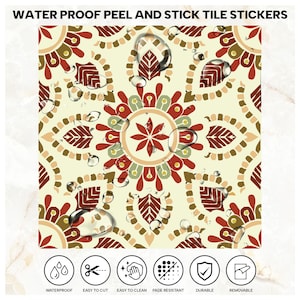 May include: Waterproof peel and stick tile stickers featuring a cream background with a repeating mandala pattern in shades of red, olive green, and tan. The surface displays clear water droplets and six circular icons indicating features.