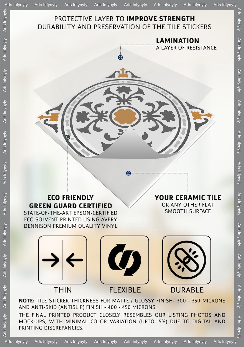 May include: A white tile sticker with a black and gold floral design. The sticker is thin, flexible, and durable. It is eco-friendly and Green Guard certified. The sticker is printed using Avery Dennison premium quality vinyl. The sticker can be applied to ceramic tile or any other flat smooth surface. The sticker is 300-350 microns thick for matte/glossy finish and 400-450 microns thick for anti-skid finish.