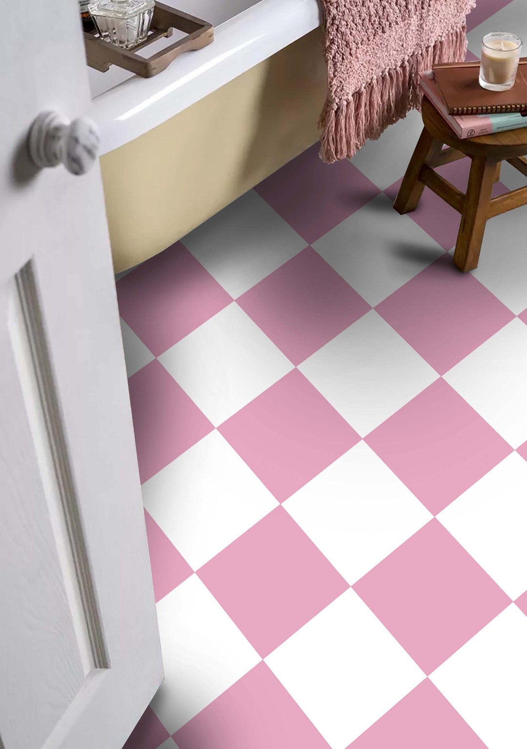 Candy Pink & Light White Checkered Tile Stickers | Kitchen Bathroom ...