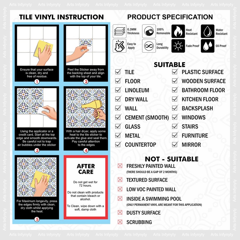 May include: A guide on how to install tile vinyl stickers. The guide includes instructions on preparing the surface, applying the sticker, and aftercare. The guide also lists suitable and unsuitable surfaces for the tile vinyl stickers.