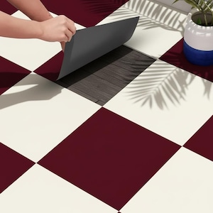 Peel and Stick Burgundy & Ivory Checkered Tile Vinyl Decals | Bathroom Kitchen Wall Backsplash Tile Stickers | Antiskid for Floors