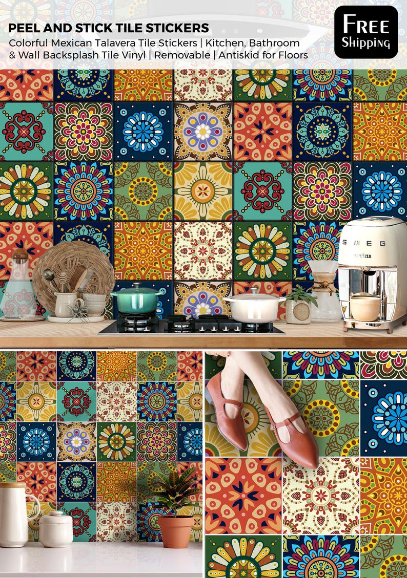 Puede incluir: Adhesivos para azulejos de despegar y pegar con coloridos patrones de Talavera mexicana en varios dise&ntilde;os geom&eacute;tricos y florales. Estas calcoman&iacute;as cuadradas de vinilo est&aacute;n dise&ntilde;adas para cocinas, ba&ntilde;os y salpicaderos de pared.
