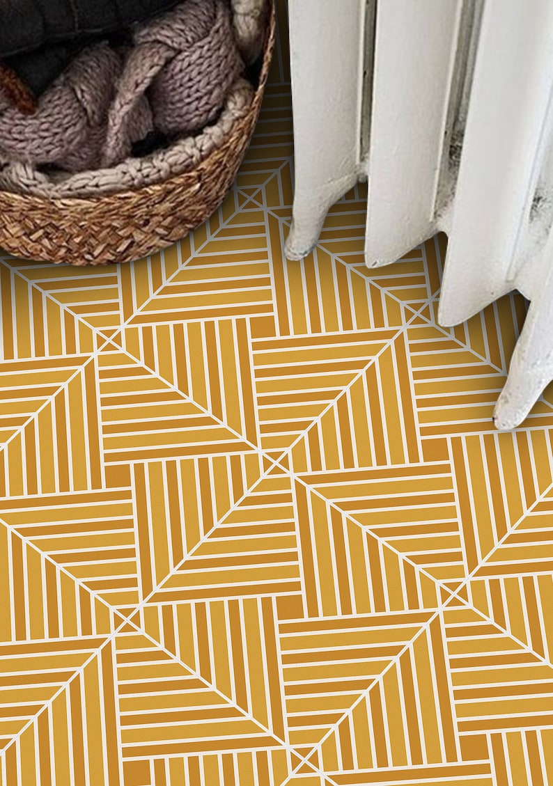 May include: A geometric patterned floor tile with a mustard yellow background and white lines creating a diamond pattern.