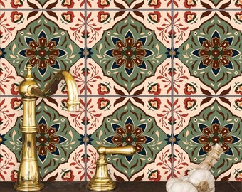 May include: A kitchen sink with a gold faucet and a tiled backsplash featuring a repeating pattern of green, red, and blue floral designs.