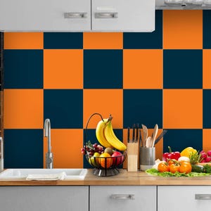 Pumpkin and Charcoal Checkered Texture Tile Stickers | Peel and Stick Kitchen, Bathroom Wall Floor Tile Vinyl Decals | Removable