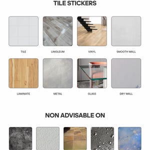May include: An informational chart titled SURFACE RECOMMENDED FOR TILE STICKERS and NON ADVISABLE ON. It displays eight recommended surfaces including tile, linoleum, vinyl, smooth wall, laminate, metal, glass, and dry wall, plus five non-advisable surfaces.