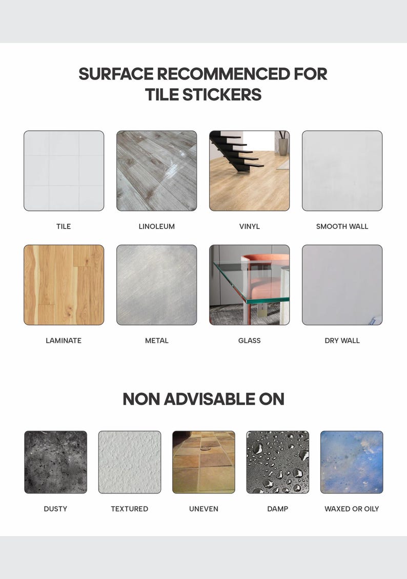 May include: An informational chart titled SURFACE RECOMMENDED FOR TILE STICKERS and NON ADVISABLE ON. It displays eight recommended surfaces including tile, linoleum, vinyl, smooth wall, laminate, metal, glass, and dry wall, plus five non-advisable surfaces.