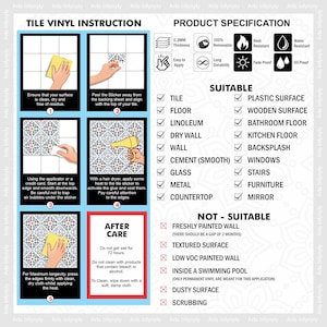 May include: A guide on how to install tile vinyl stickers. The guide includes instructions on preparing the surface, applying the sticker, and aftercare. The guide also lists suitable and unsuitable surfaces for the tile vinyl stickers.