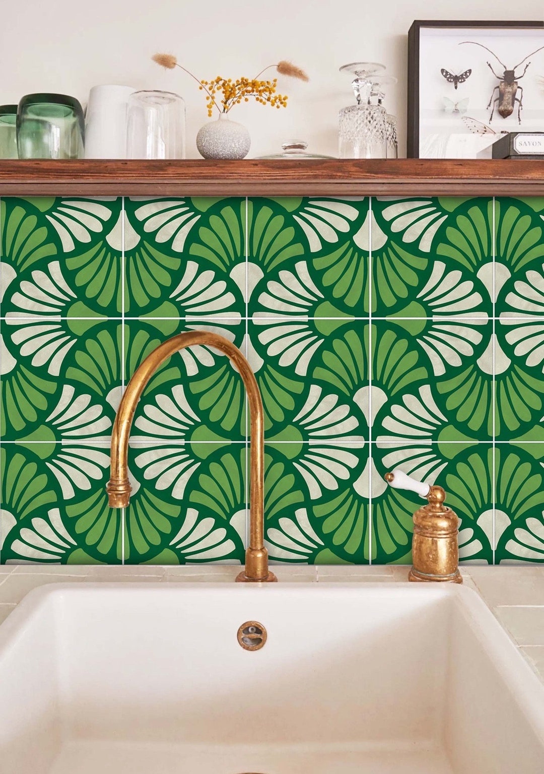 Peel and Stick Green Floral Tiles Stickers | Kitchen, Wall, Bathroom ...