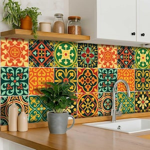 Fiesta-Inspired Tile Vinyl Decals | Retro Kitchen Wall & Bathroom Peel and Stick Vinyl Stickers | Antiskid Floor Tile Stiockers