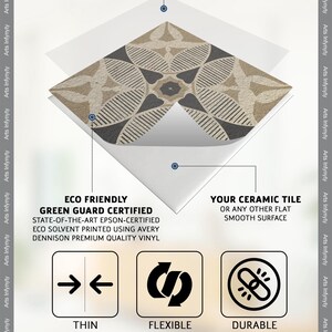May include: A close-up of a tile sticker with a geometric pattern in shades of brown and black. The sticker is made of eco-friendly, green guard certified vinyl and is thin, flexible, and durable. The text "ECO FRIENDLY GREEN GUARD CERTIFIED" is visible in the image.