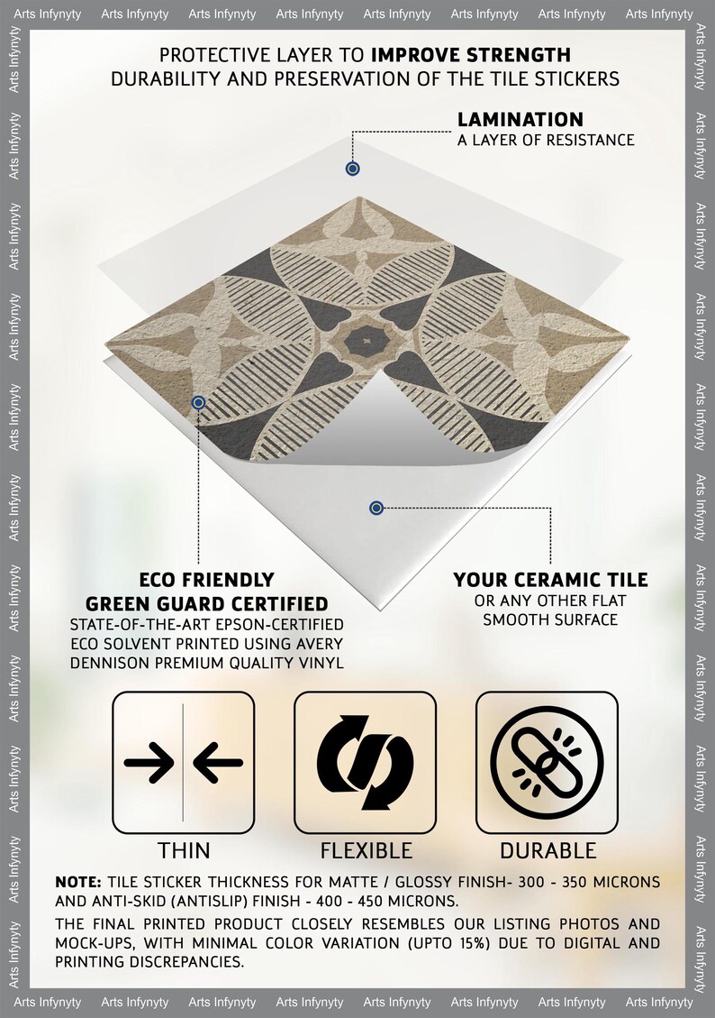 May include: A close-up of a tile sticker with a geometric pattern in shades of brown and black. The sticker is made of eco-friendly, green guard certified vinyl and is thin, flexible, and durable. The text "ECO FRIENDLY GREEN GUARD CERTIFIED" is visible in the image.