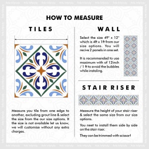 May include: How to measure tiles, wall, and stair risers for a decorative tile project. The image shows a blue, green, and orange patterned tile with instructions for measuring the tile, wall, and stair riser. The wall measurement is 49 inches by 12 inches, or 4 feet by 1 foot. The stair riser measurement is not specified.