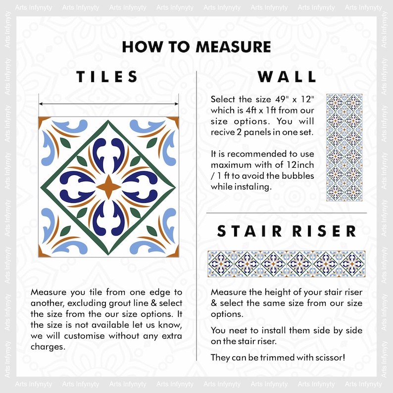 May include: How to measure tiles, wall, and stair risers for a decorative tile project. The image shows a blue, green, and orange patterned tile with instructions for measuring the tile, wall, and stair riser. The wall measurement is 49 inches by 12 inches, or 4 feet by 1 foot. The stair riser measurement is not specified.