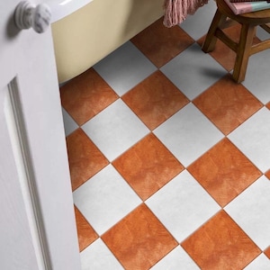 Orange Checkered Floor Tile Stickers: Peel and Stick Decals