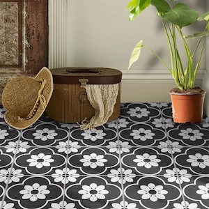 Adesivos de azulejo floral preto e branco Marseille | Vinil autoadesivo para cozinha, banheiro e parede | Antiderrapante para pisos